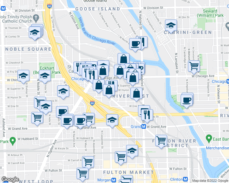 map of restaurants, bars, coffee shops, grocery stores, and more near 925 West Huron Street in Chicago