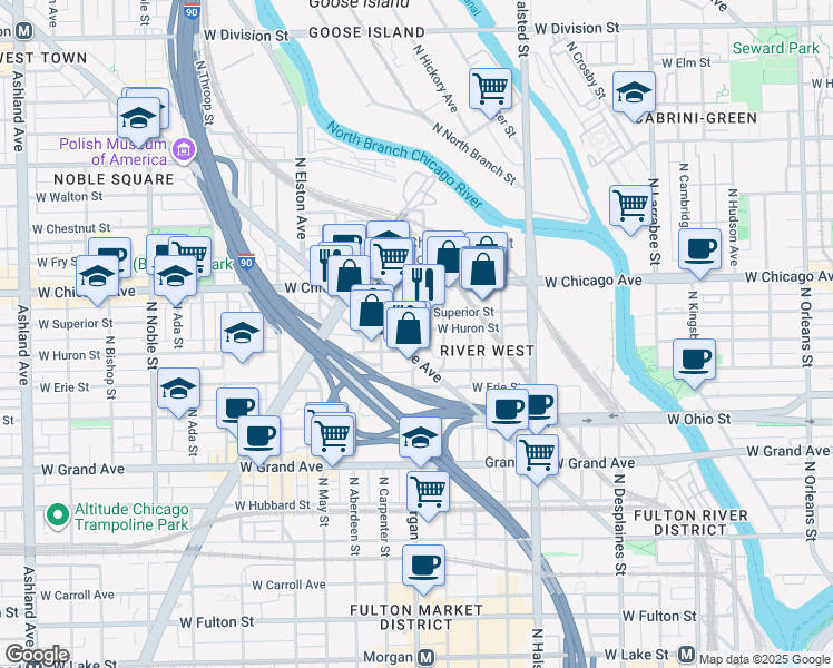 map of restaurants, bars, coffee shops, grocery stores, and more near 957 West Huron Street in Chicago