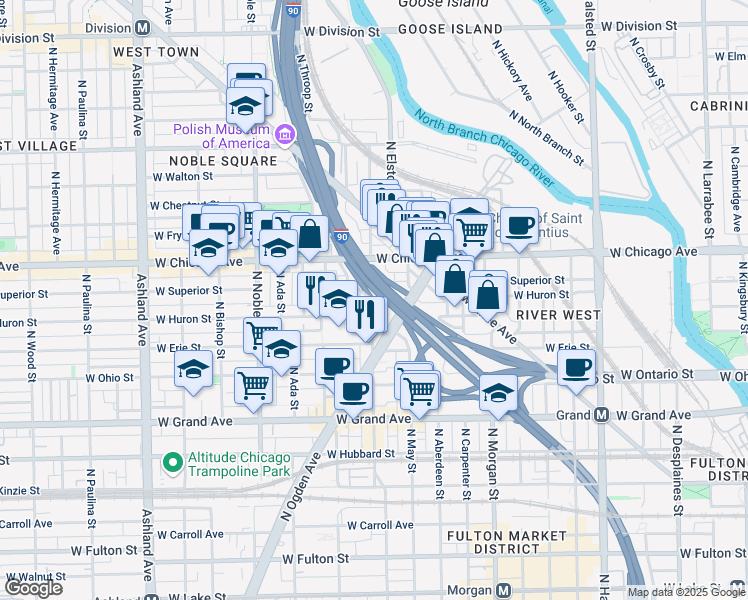 map of restaurants, bars, coffee shops, grocery stores, and more near 710 North Racine Avenue in Chicago