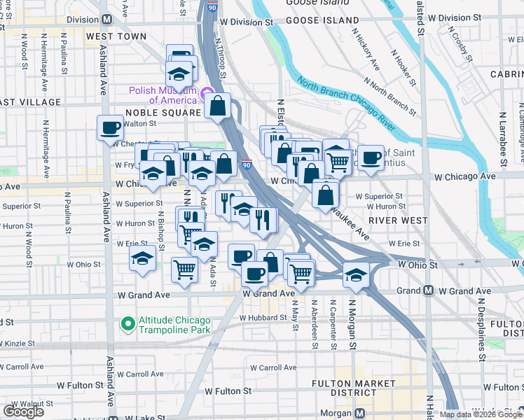 map of restaurants, bars, coffee shops, grocery stores, and more near 718 North Willard Court in Chicago