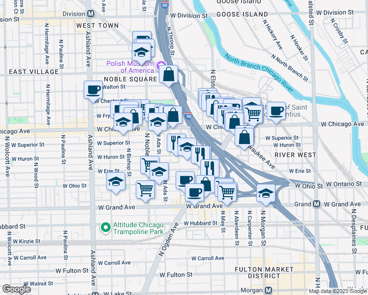 map of restaurants, bars, coffee shops, grocery stores, and more near 718 North Willard Court in Chicago