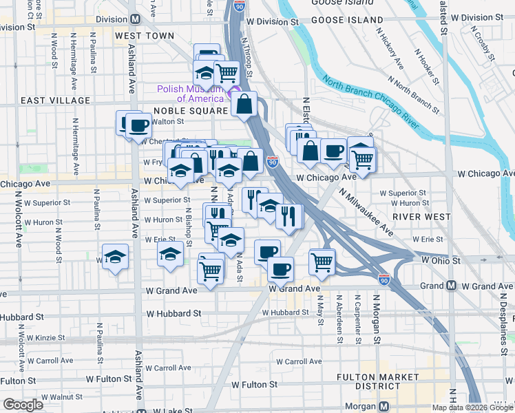 map of restaurants, bars, coffee shops, grocery stores, and more near 721 North Throop Street in Chicago