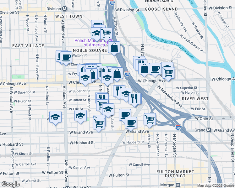 map of restaurants, bars, coffee shops, grocery stores, and more near 721 North Throop Street in Chicago