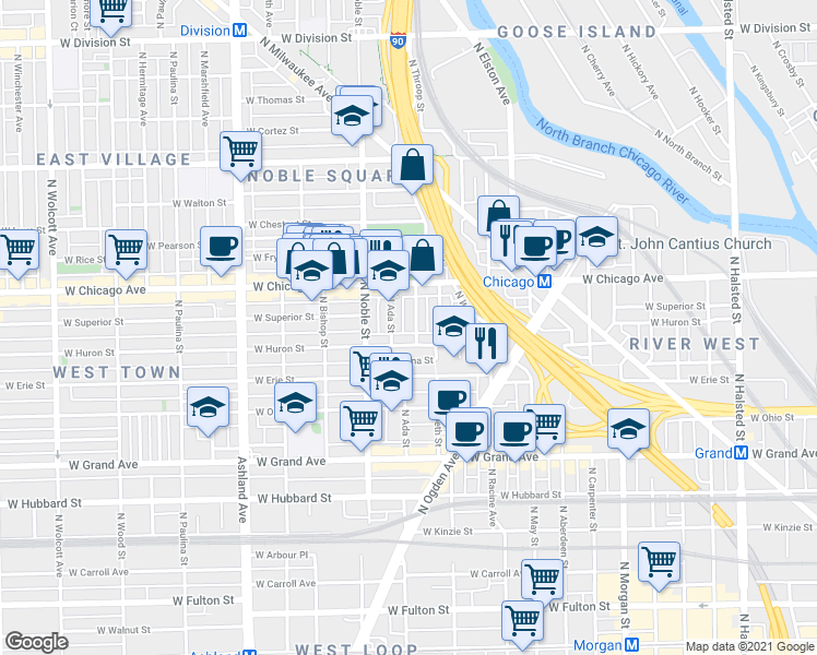 map of restaurants, bars, coffee shops, grocery stores, and more near 721 North Throop Street in Chicago