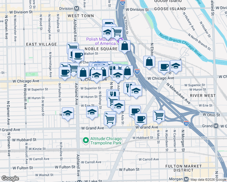 map of restaurants, bars, coffee shops, grocery stores, and more near 720 North Ada Street in Chicago