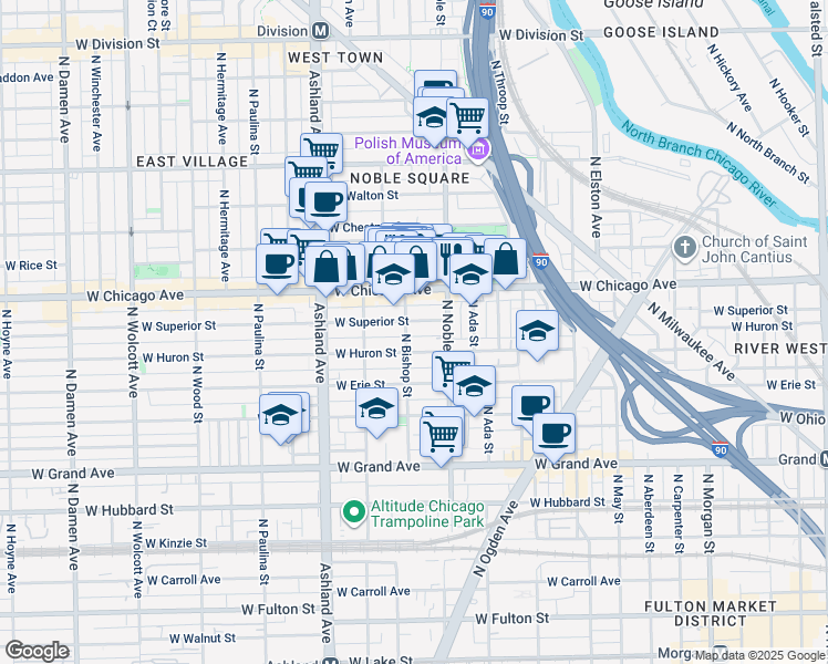 map of restaurants, bars, coffee shops, grocery stores, and more near 1413 West Superior Street in Chicago