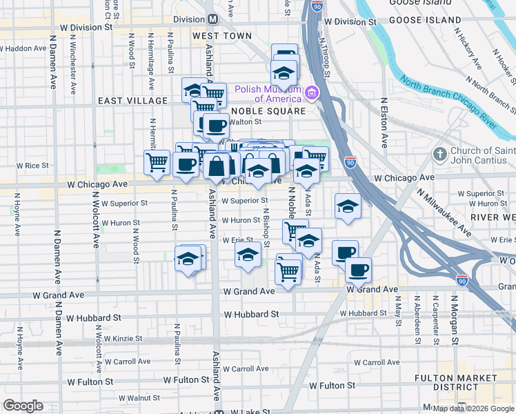 map of restaurants, bars, coffee shops, grocery stores, and more near 1453 West Superior Street in Chicago