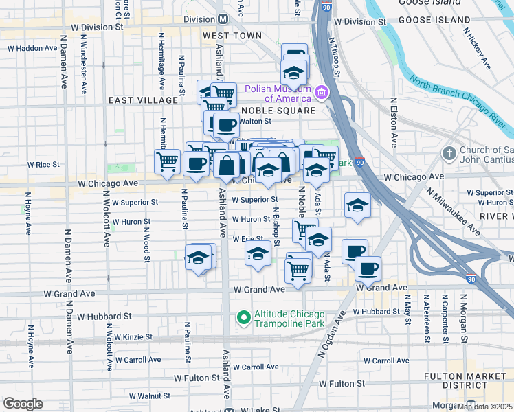 map of restaurants, bars, coffee shops, grocery stores, and more near 1453 West Superior Street in Chicago