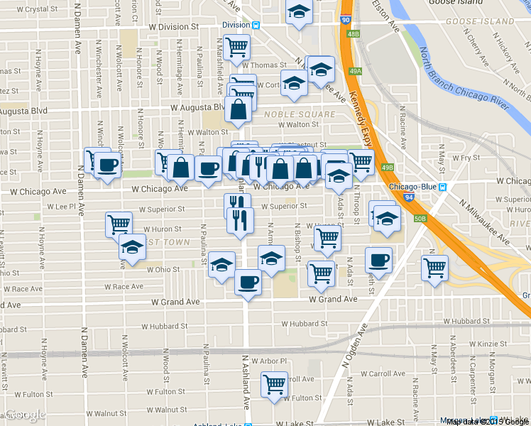 map of restaurants, bars, coffee shops, grocery stores, and more near in Chicago