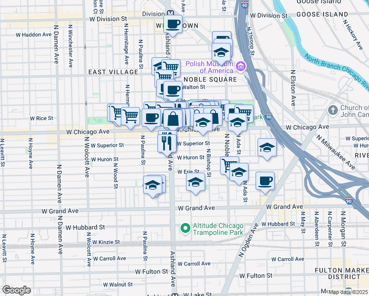 map of restaurants, bars, coffee shops, grocery stores, and more near in Chicago