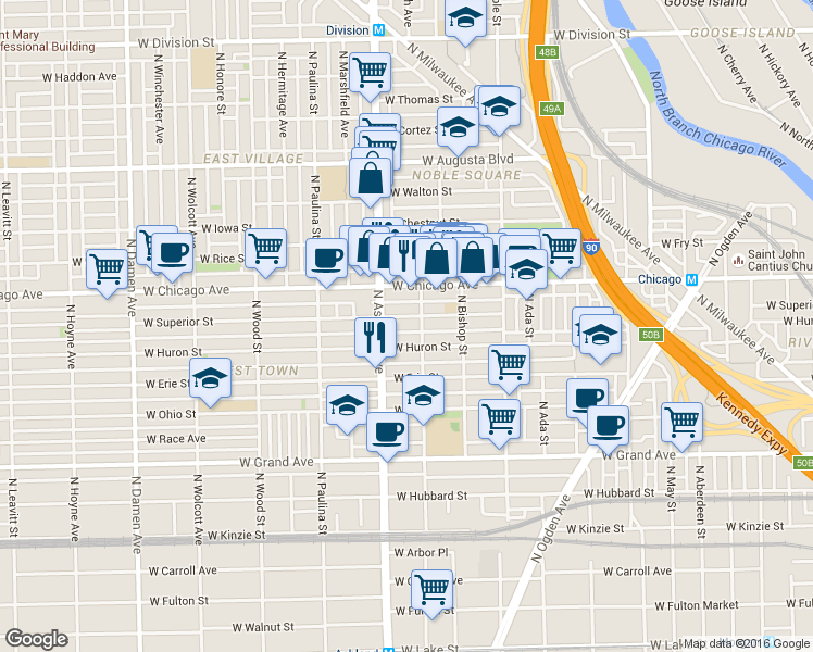 map of restaurants, bars, coffee shops, grocery stores, and more near in Chicago