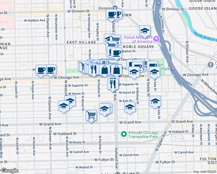 map of restaurants, bars, coffee shops, grocery stores, and more near 1645 West Superior Street in Chicago