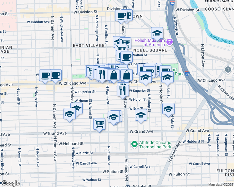 map of restaurants, bars, coffee shops, grocery stores, and more near 1645 West Superior Street in Chicago