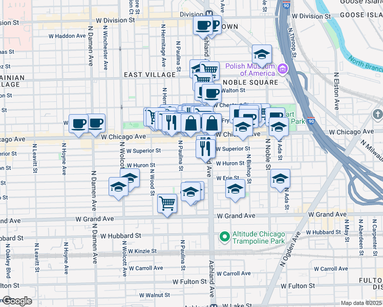 map of restaurants, bars, coffee shops, grocery stores, and more near 1645 West Superior Street in Chicago