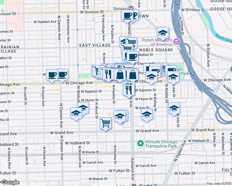 map of restaurants, bars, coffee shops, grocery stores, and more near 1645 West Superior Street in Chicago