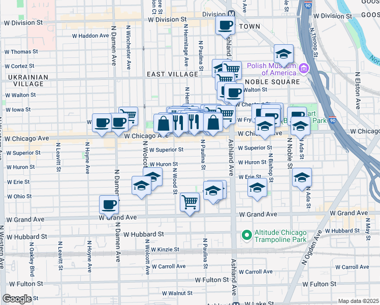 map of restaurants, bars, coffee shops, grocery stores, and more near 1719 West Superior Street in Chicago