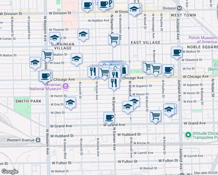 map of restaurants, bars, coffee shops, grocery stores, and more near 2022 West Superior Street in Chicago