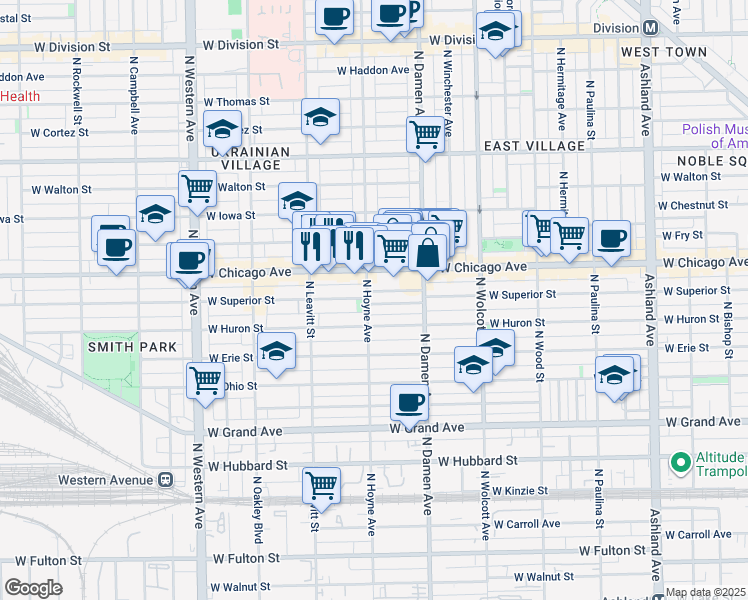 map of restaurants, bars, coffee shops, grocery stores, and more near 2100 West Superior Street in Chicago