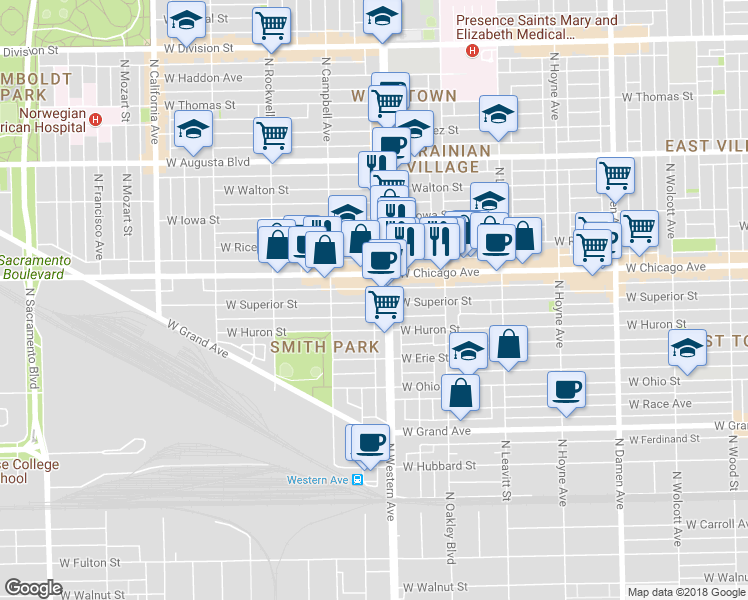 map of restaurants, bars, coffee shops, grocery stores, and more near 736 North Western Avenue in Chicago