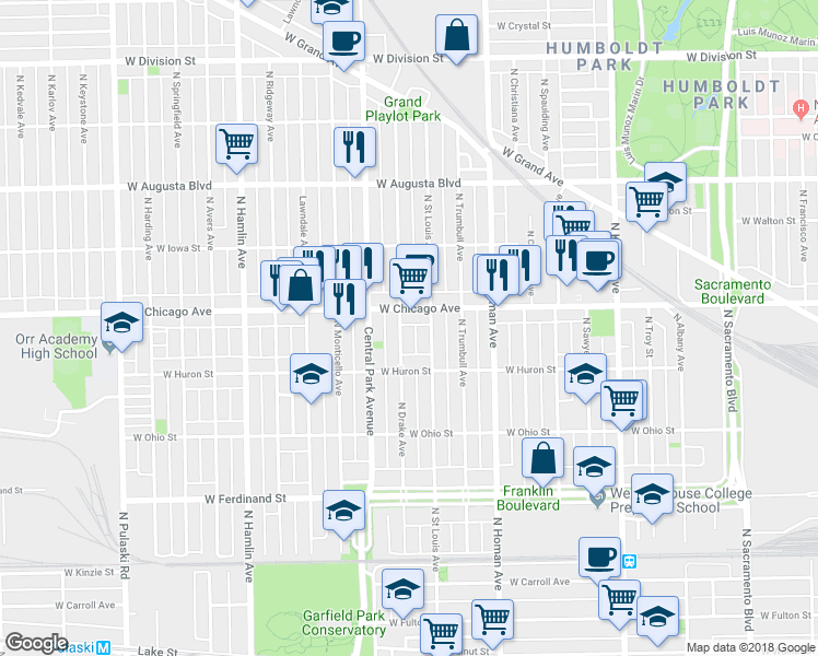 map of restaurants, bars, coffee shops, grocery stores, and more near 740 North Saint Louis Avenue in Chicago