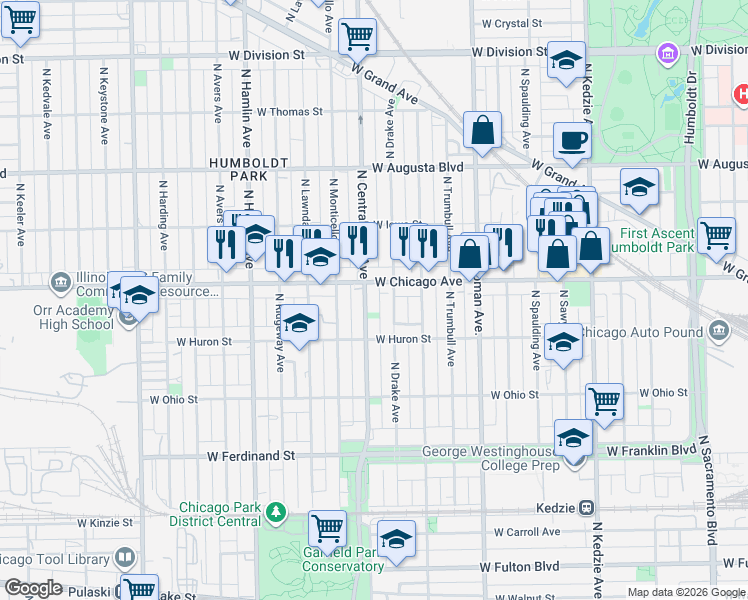map of restaurants, bars, coffee shops, grocery stores, and more near 744 North Drake Avenue in Chicago