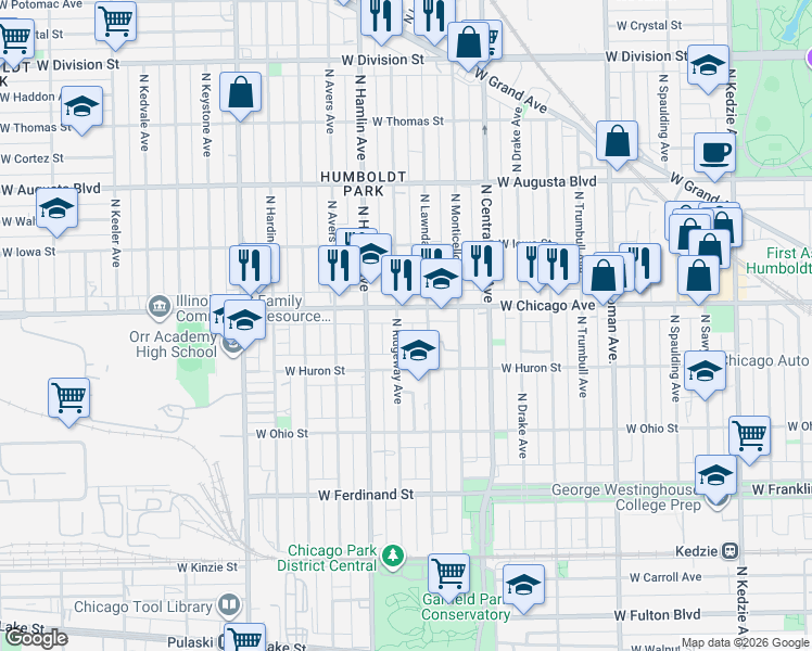 map of restaurants, bars, coffee shops, grocery stores, and more near 746 North Ridgeway Avenue in Chicago