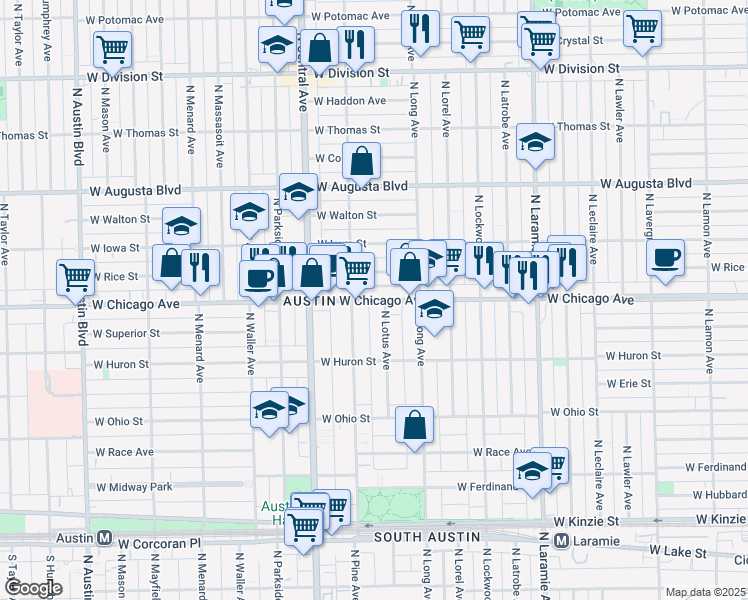 map of restaurants, bars, coffee shops, grocery stores, and more near 5430 West Chicago Avenue in Chicago