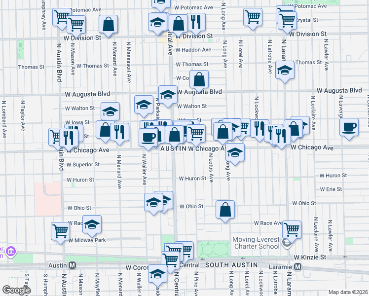map of restaurants, bars, coffee shops, grocery stores, and more near in Chicago