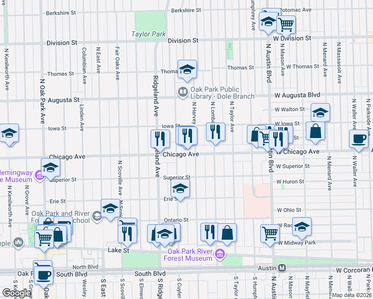 map of restaurants, bars, coffee shops, grocery stores, and more near 508 North Cuyler Avenue in Oak Park