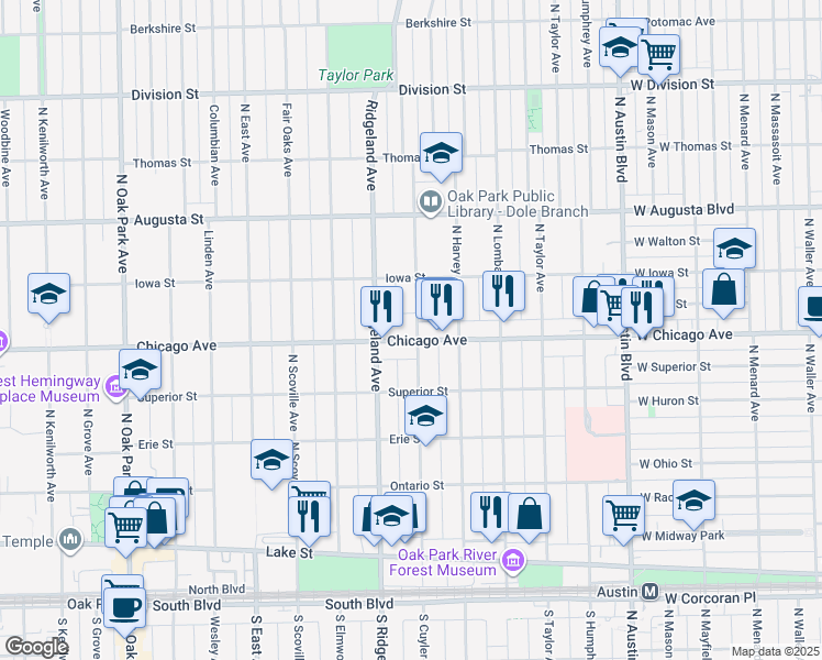 map of restaurants, bars, coffee shops, grocery stores, and more near 508 North Cuyler Avenue in Oak Park