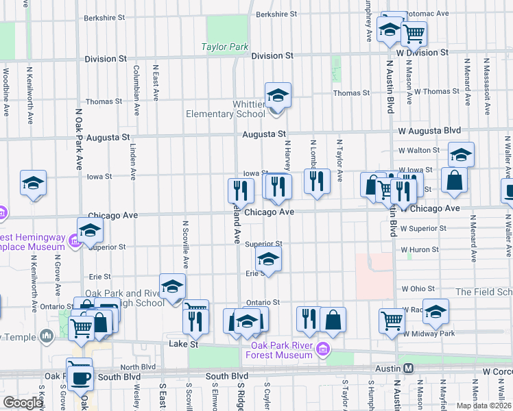 map of restaurants, bars, coffee shops, grocery stores, and more near 508 North Cuyler Avenue in Oak Park