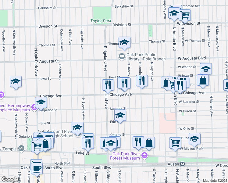 map of restaurants, bars, coffee shops, grocery stores, and more near 512 North Ridgeland Avenue in Oak Park