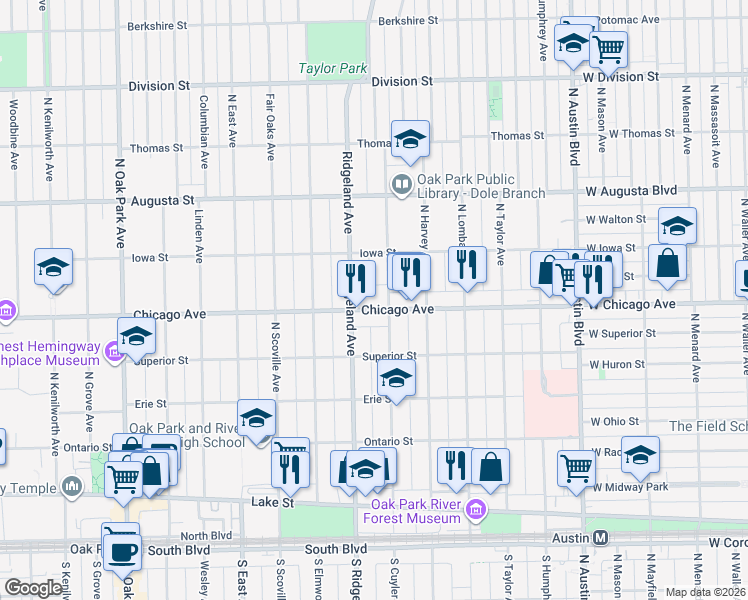 map of restaurants, bars, coffee shops, grocery stores, and more near 512 North Ridgeland Avenue in Oak Park