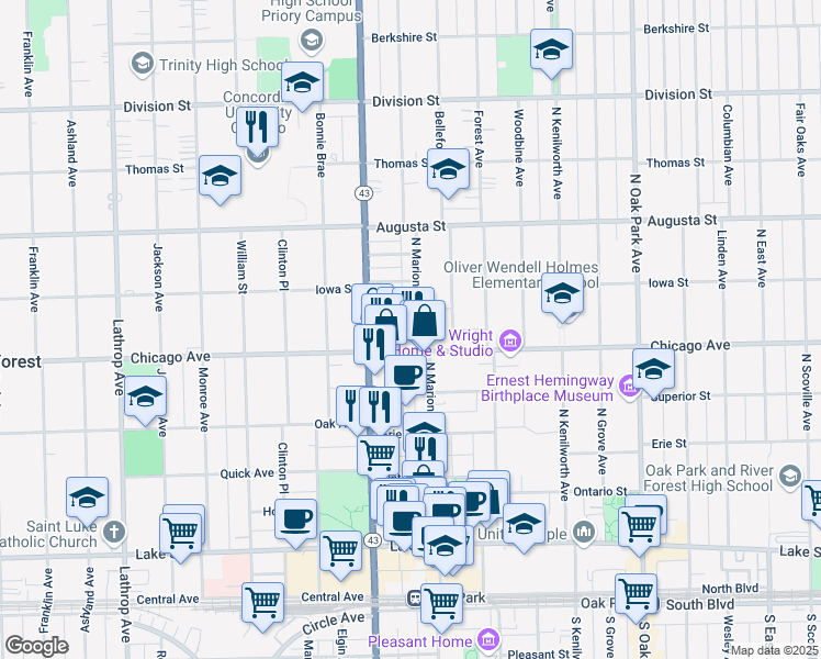 map of restaurants, bars, coffee shops, grocery stores, and more near 1113 Paulina Street in Oak Park
