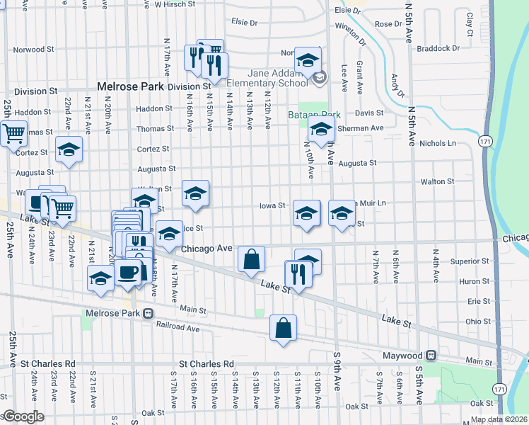 map of restaurants, bars, coffee shops, grocery stores, and more near 817 Iowa Street in Melrose Park