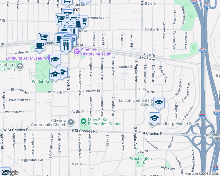 map of restaurants, bars, coffee shops, grocery stores, and more near 209 South Kenmore Avenue in Elmhurst