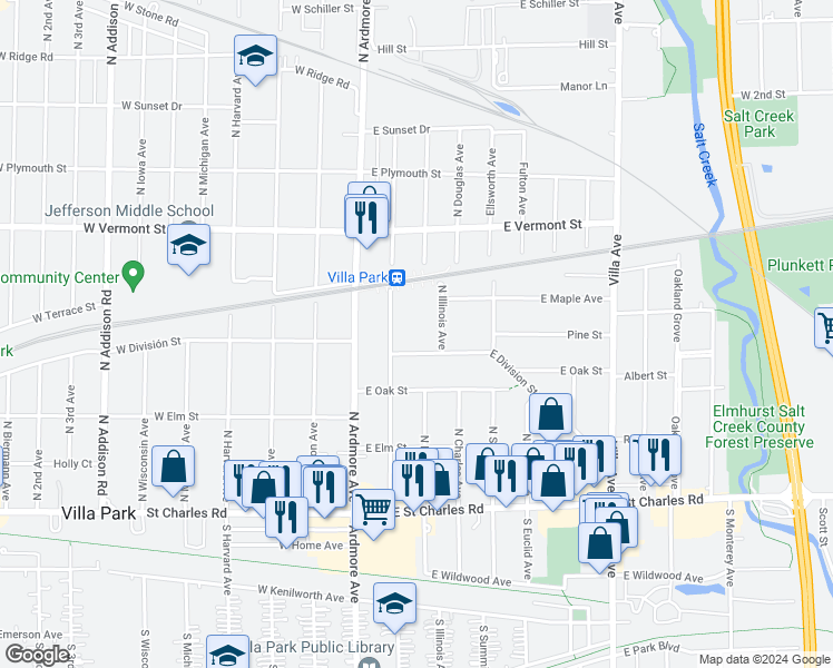 map of restaurants, bars, coffee shops, grocery stores, and more near 302 North Illinois Avenue in Villa Park