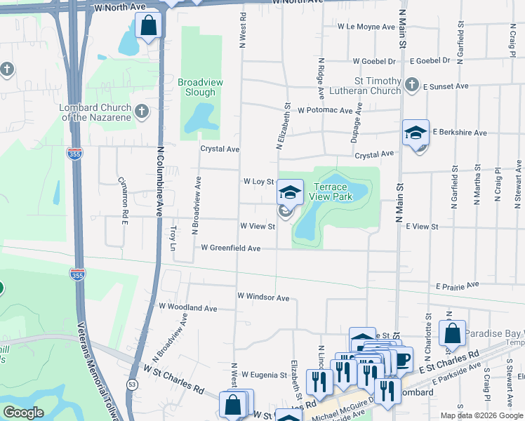 map of restaurants, bars, coffee shops, grocery stores, and more near 352 North Elizabeth Street in Lombard