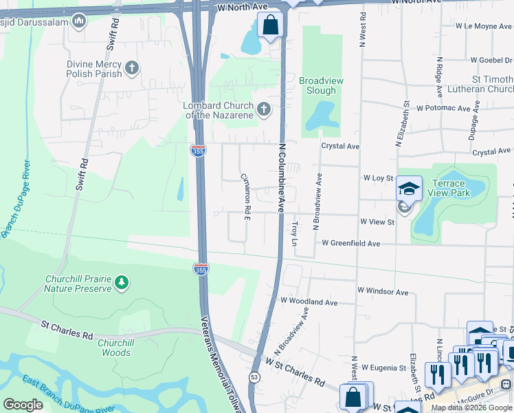 map of restaurants, bars, coffee shops, grocery stores, and more near 611 Glenwood Lane in Lombard
