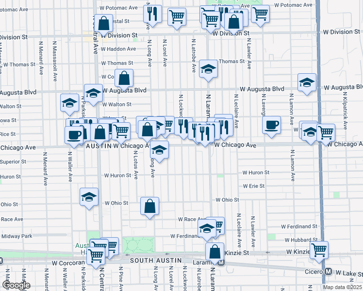 map of restaurants, bars, coffee shops, grocery stores, and more near W Chicago Ave & N Lockwood Ave in Chicago