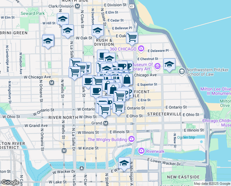 map of restaurants, bars, coffee shops, grocery stores, and more near N Wabash Ave & E Huron St in Chicago