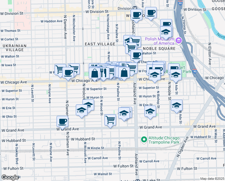 map of restaurants, bars, coffee shops, grocery stores, and more near 1719 West Superior Street in Chicago