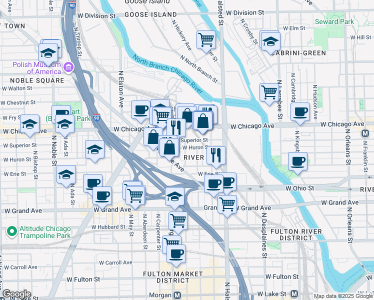 map of restaurants, bars, coffee shops, grocery stores, and more near 925 West Huron Street in Chicago