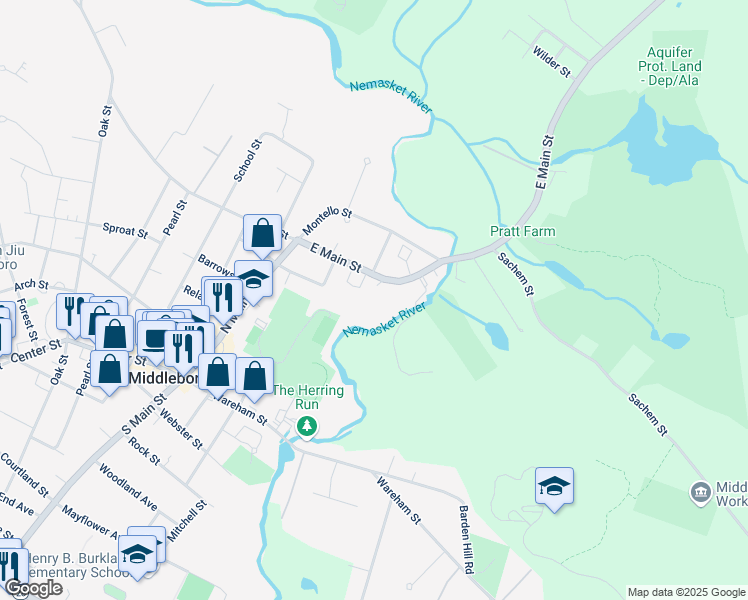 map of restaurants, bars, coffee shops, grocery stores, and more near 31 East Main Street in Middleborough