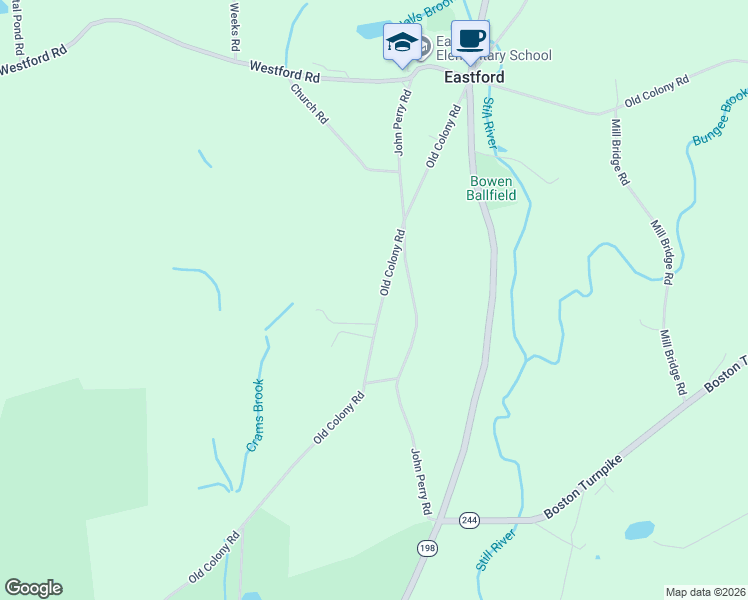map of restaurants, bars, coffee shops, grocery stores, and more near 181 Old Colony Road in Eastford