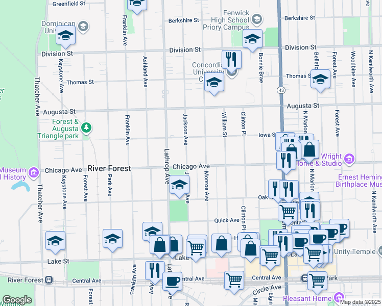 map of restaurants, bars, coffee shops, grocery stores, and more near 823 Jackson Avenue in River Forest