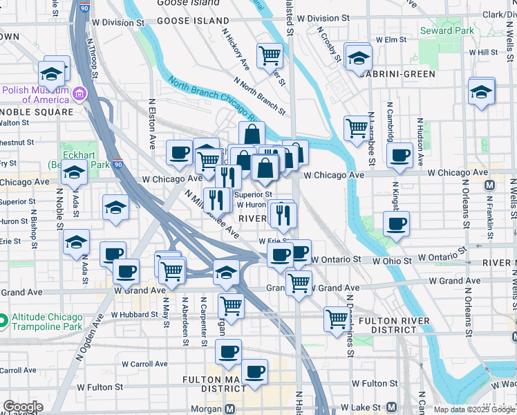 map of restaurants, bars, coffee shops, grocery stores, and more near 693 North Peoria Street in Chicago