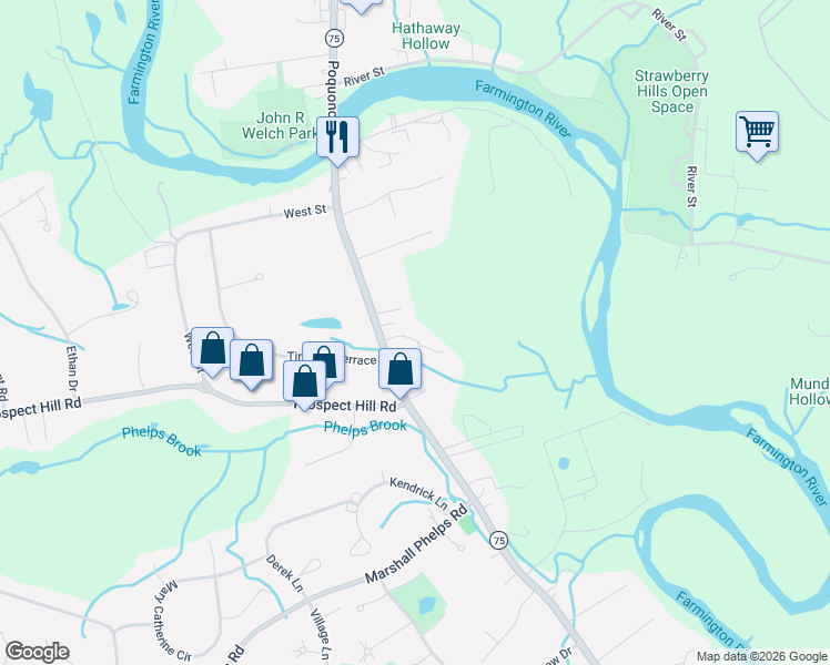 map of restaurants, bars, coffee shops, grocery stores, and more near 4 River Bend Lane in Windsor