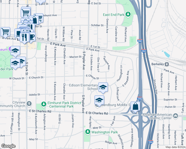 map of restaurants, bars, coffee shops, grocery stores, and more near 199 South Linden Avenue in Elmhurst