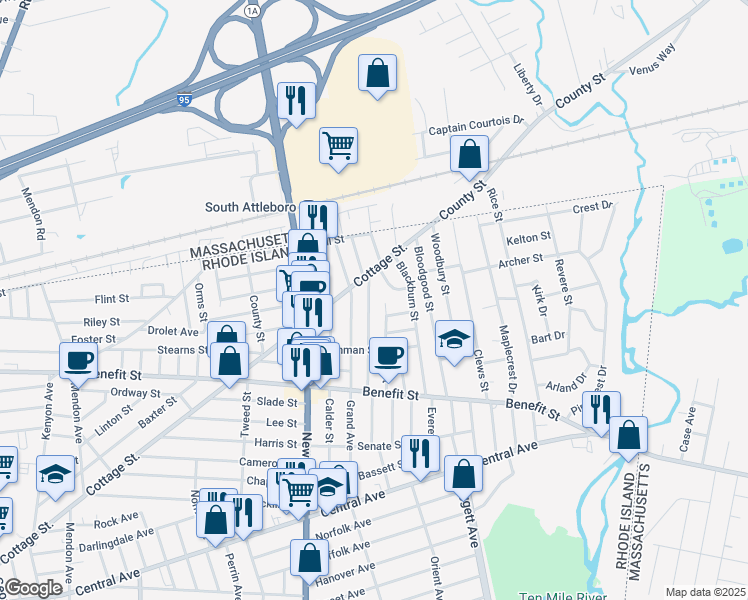 map of restaurants, bars, coffee shops, grocery stores, and more near 83 Madison Street in Pawtucket